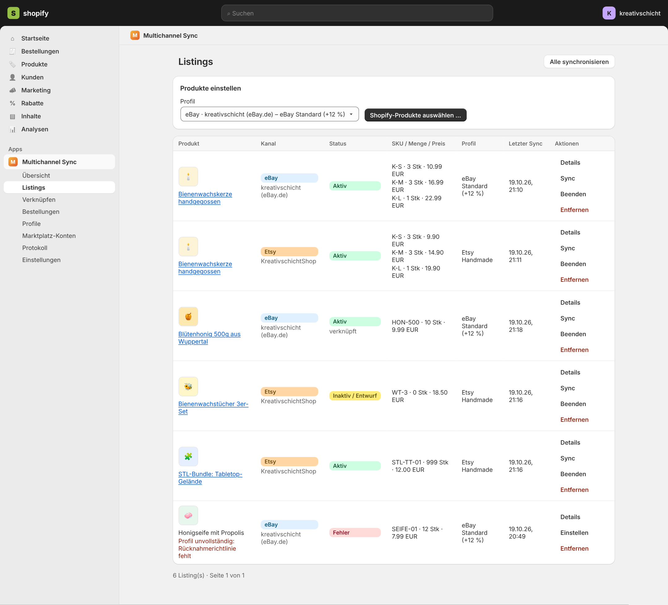 Listings-Übersicht der App im Shopify-Admin mit Kanal, Status, Mengen und Preisen je Produkt